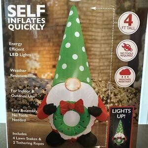 4ft Holiday Inflatable GNOME with Wreath LED Christmas Light Outdoor Lawn Decor